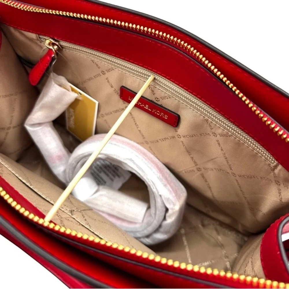 Michael Kors Sheila Medium Center Zip Satchel Bag & Large Double Zip Wallet Red - Picture 9 of 16